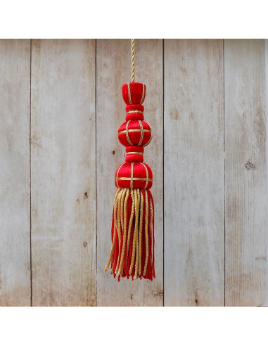Borla de seda roja de 10 cm con fleco de canutillo de 7 cm