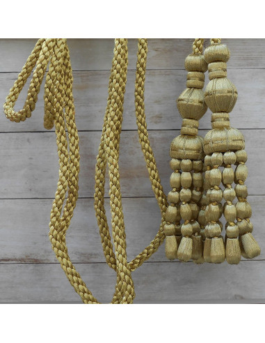 Cordón de oro oscuro de 3 metros con borlas de oro oscuro con fleco de canutillo 20 cm